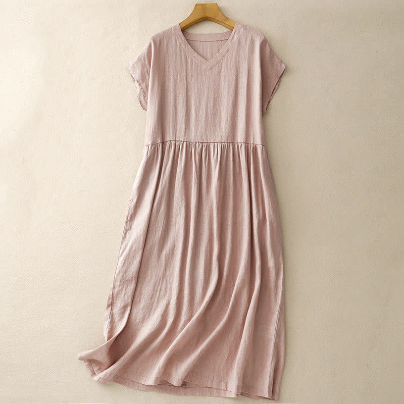 Buddha Stones Casual Artistic Solid Color Simple Design High Waist Short Sleeve Cotton Linen Midi Dress With Pockets - Pink - US8-10,UK/AU12-14,EU40-42 (2XL) - image 14