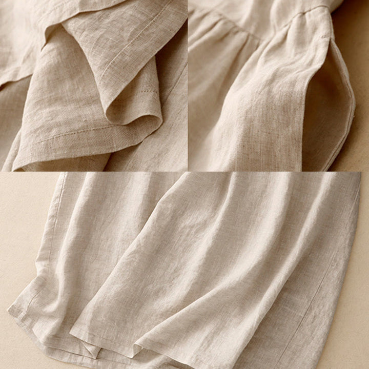 Buddha Stones Casual Artistic Solid Color Simple Design High Waist Short Sleeve Cotton Linen Midi Dress With Pockets - image 7