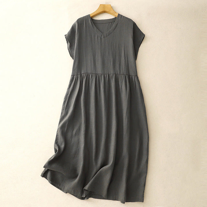 Buddha Stones Casual Artistic Solid Color Simple Design High Waist Short Sleeve Cotton Linen Midi Dress With Pockets - SlateGray - US8-10,UK/AU12-14,EU40-42 (2XL) - image 8