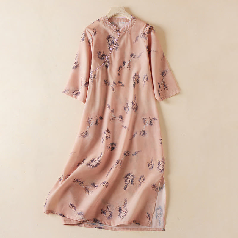 Buddha Stones Summer Vintage Printing Floral Slanted Button Stand Collar Design Half Sleeve Cotton Cheongsam Midi Dress With Pockets - DarkSalmon - US12,UK/AU16,EU44 (3XL) - image 0
