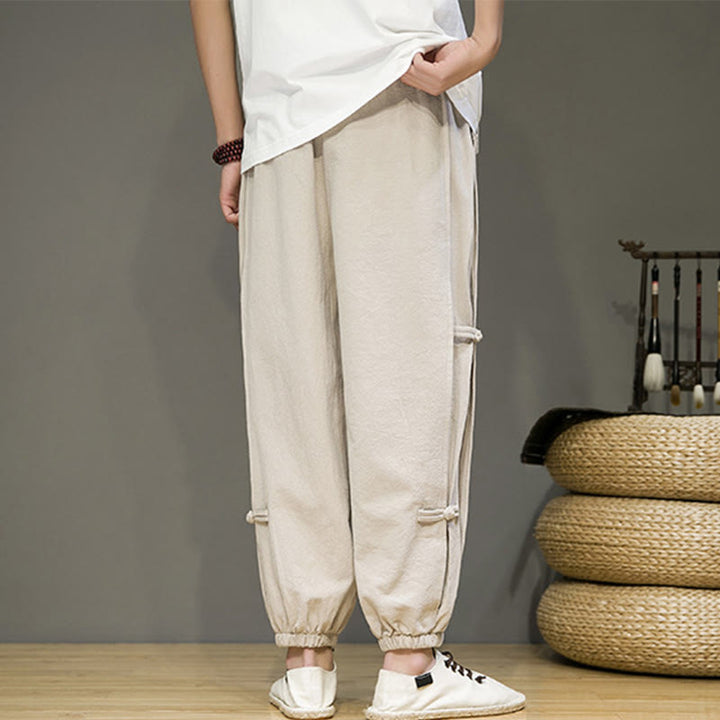 Buddha Stones Summer Vintage Drawstring Chinese Frog-Button Design Men's Cotton Linen Harem Pants With Pockets - image 2