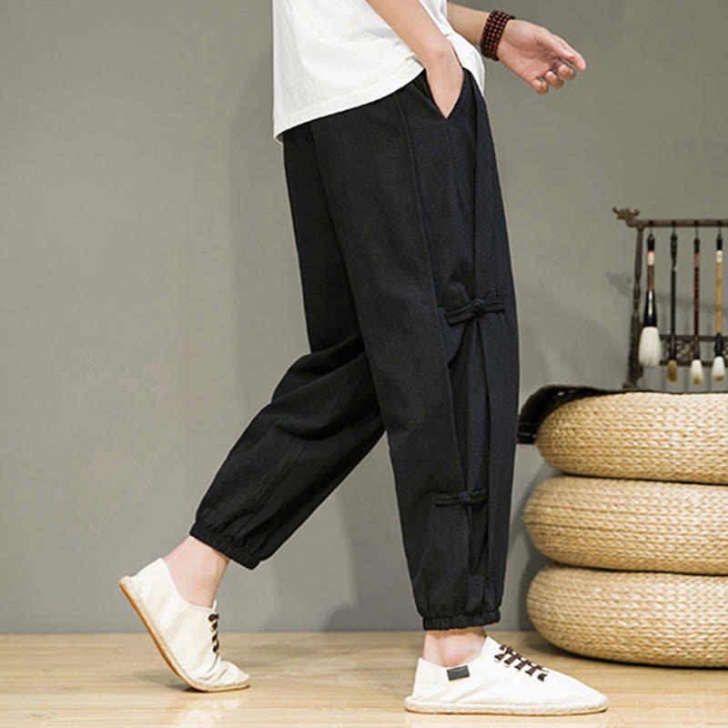 Buddha Stones Summer Vintage Drawstring Chinese Frog-Button Design Men's Cotton Linen Harem Pants With Pockets - image 13