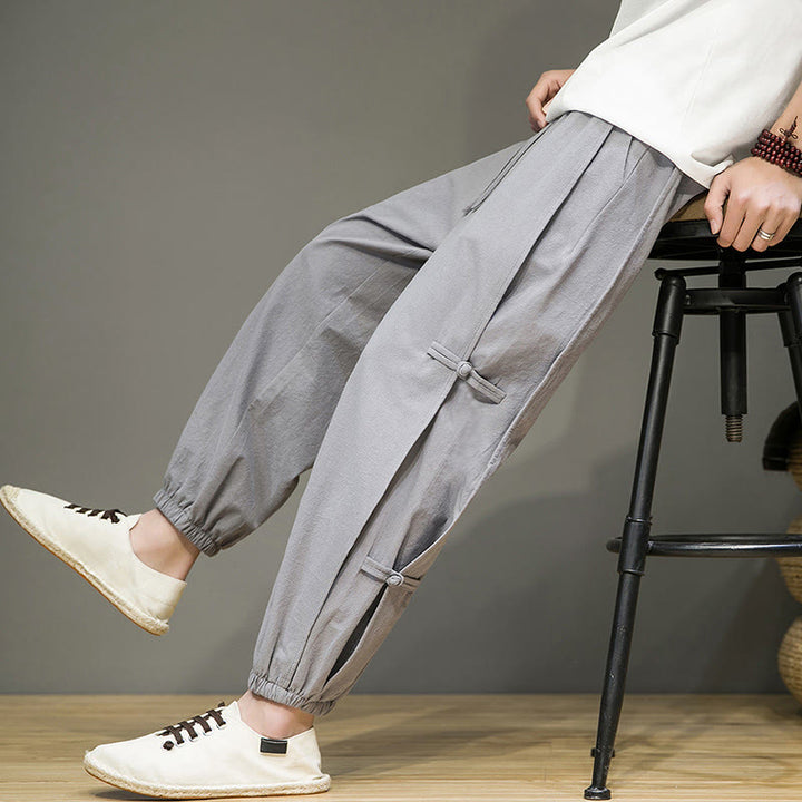 Buddha Stones Summer Vintage Drawstring Chinese Frog-Button Design Men's Cotton Linen Harem Pants With Pockets - Silver - US/UK/AU46,EU56 (5XL) - image 19