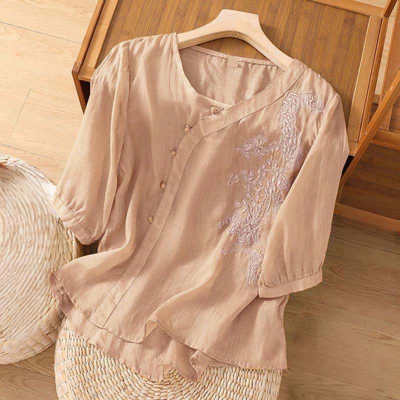 Buddha Stones Casual Loose Flower Embroidery Frog Button Short Sleeve Women's Shirt - image 6