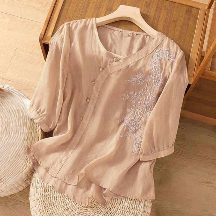 Buddha Stones Casual Loose Flower Embroidery Frog Button Short Sleeve Women's Shirt - image 6