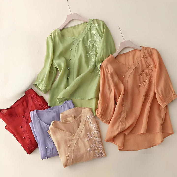 Buddha Stones Casual Loose Flower Embroidery Frog Button Short Sleeve Women's Shirt - image 10