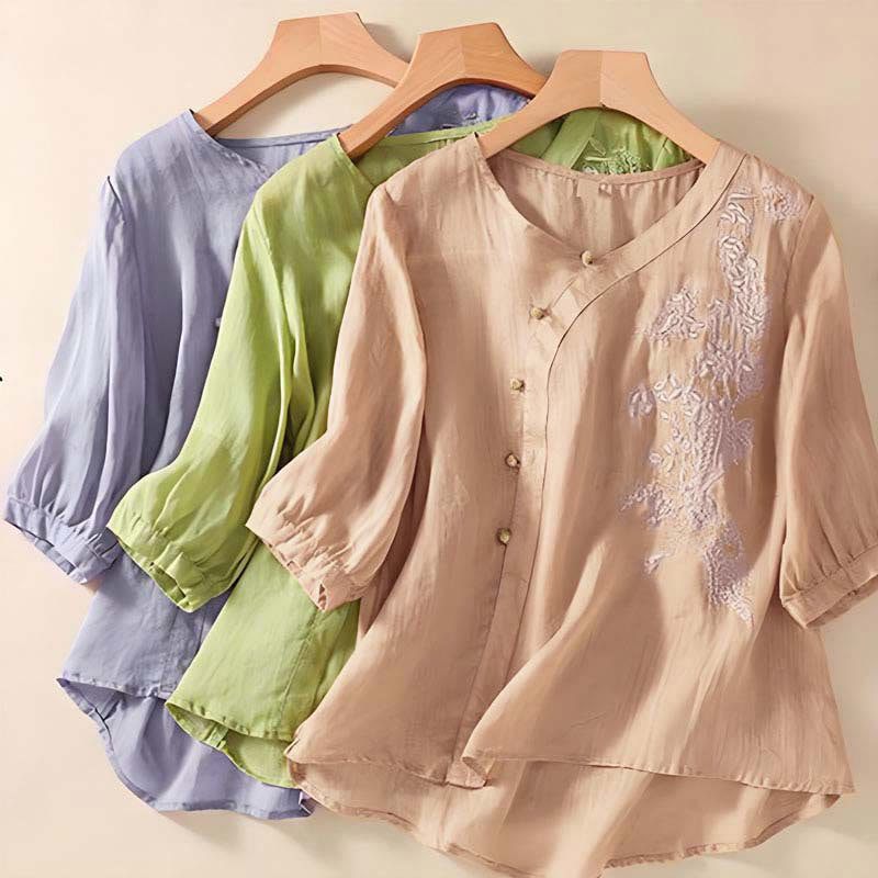 Buddha Stones Casual Loose Flower Embroidery Frog Button Short Sleeve Women's Shirt - image 7