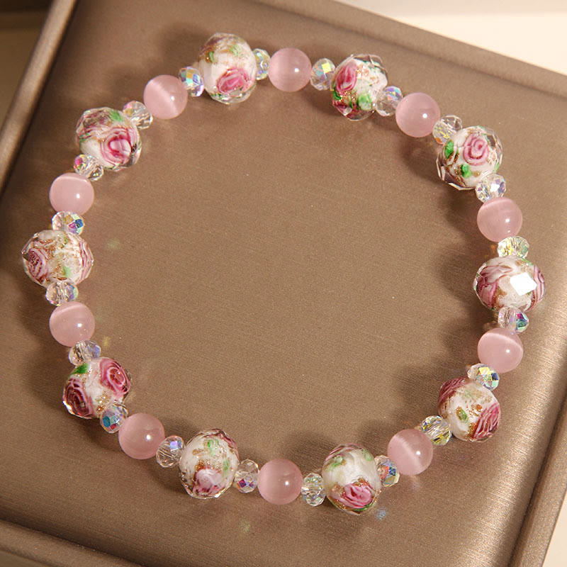 Buddha Stones Pink Crystal Liuli Glass Bead Cat's Eye Warmth Bracelet - image 4