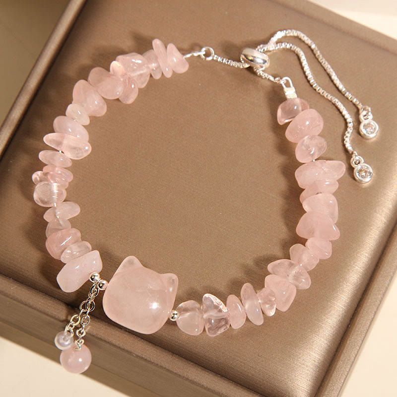 Buddha Stones Natural Pink Crystal Agate Gravel Stone Cat Head Soothing Bracelet - image 1