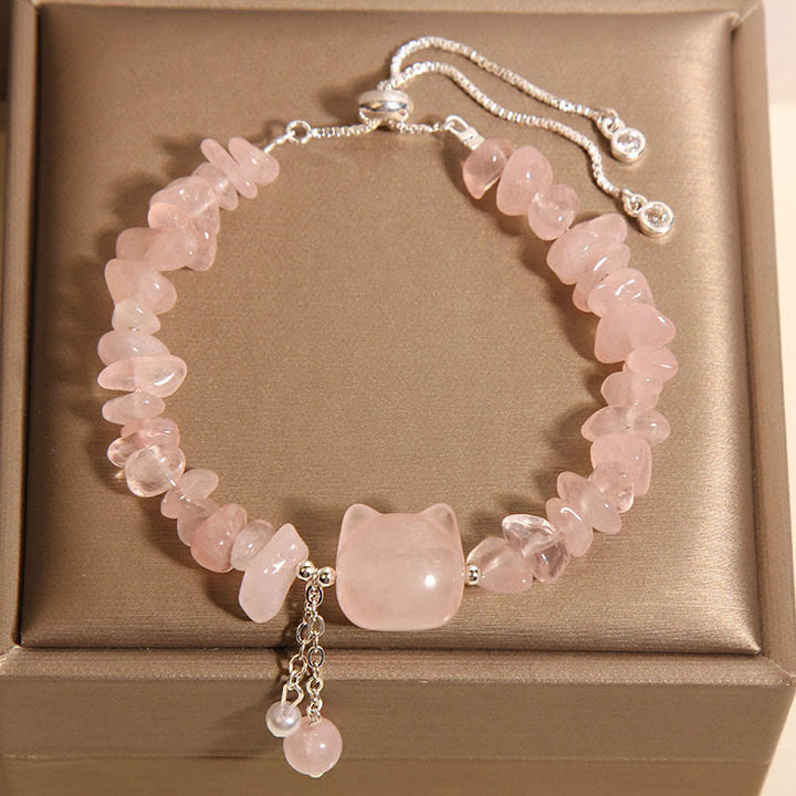 Buddha Stones Natural Pink Crystal Agate Gravel Stone Cat Head Soothing Bracelet - Pink Crystal(Wrist Circumference 14-16cm) - image 0