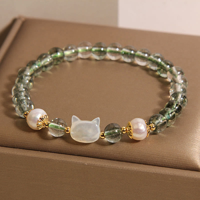 Buddha Stones Natural Green Phantom Pearl Shell Cat Head Lucky Bracelet - image 5