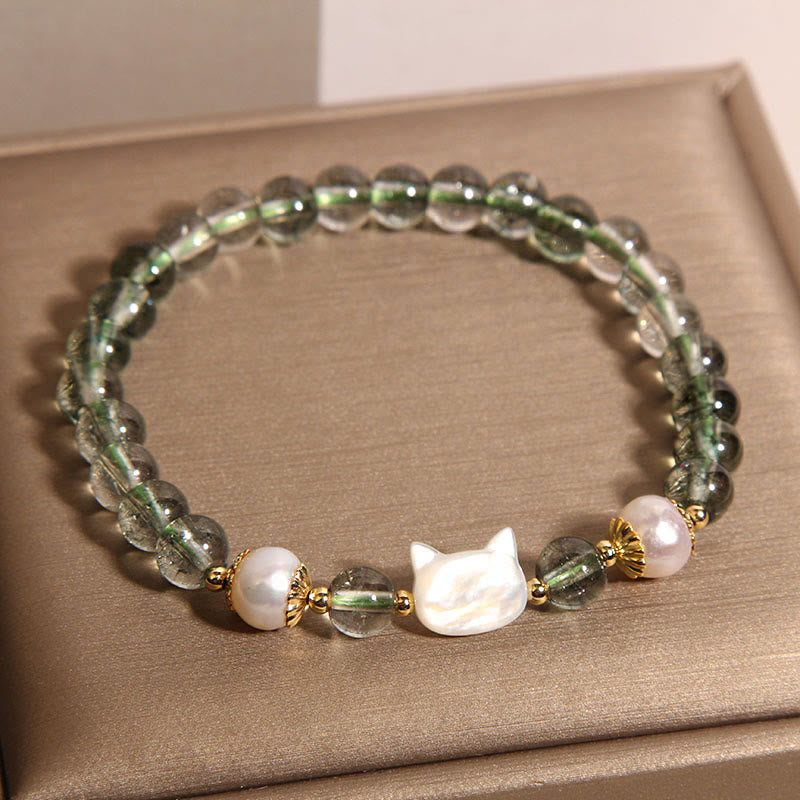 Buddha Stones Natural Green Phantom Pearl Shell Cat Head Lucky Bracelet - image 1