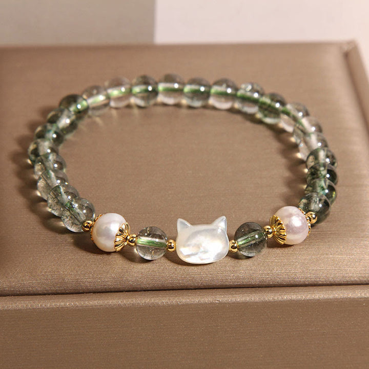Buddha Stones Natural Green Phantom Pearl Shell Cat Head Lucky Bracelet - image 4