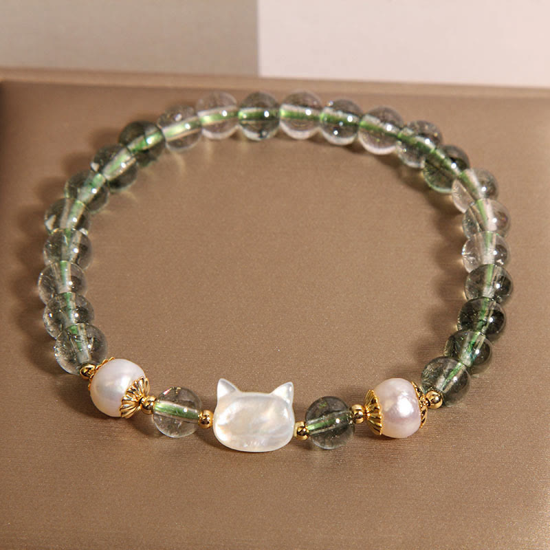 Buddha Stones Natural Green Phantom Pearl Shell Cat Head Lucky Bracelet - image 3