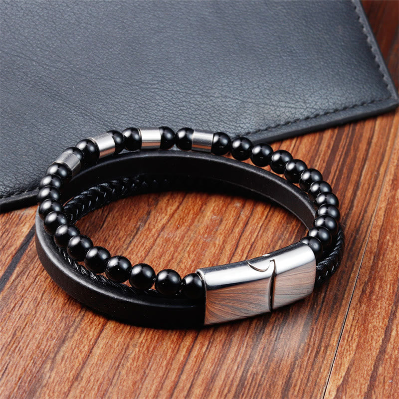Buddha Stones Frosted Stone Multi-layer Leather Titanium Steel Balance Buckle Bracelet - image 9