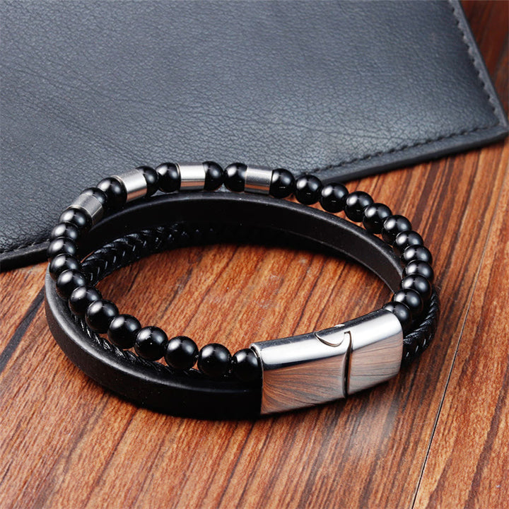 Buddha Stones Frosted Stone Multi-layer Leather Titanium Steel Balance Buckle Bracelet - image 9