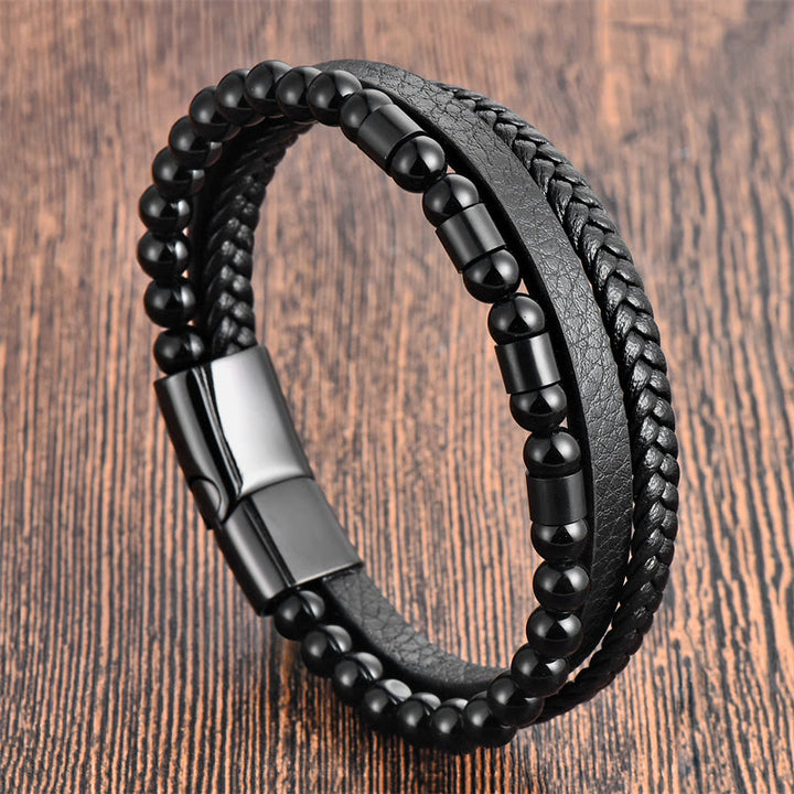 Buddha Stones Frosted Stone Multi-layer Leather Titanium Steel Balance Buckle Bracelet - Black(Wrist Circumference: 20-22cm) - image 0