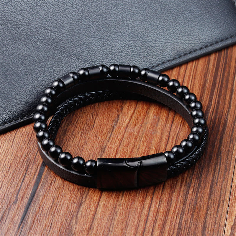 Buddha Stones Frosted Stone Multi-layer Leather Titanium Steel Balance Buckle Bracelet - image 1