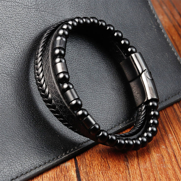 Buddha Stones Frosted Stone Multi-layer Leather Titanium Steel Balance Buckle Bracelet - image 2