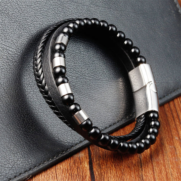 Buddha Stones Frosted Stone Multi-layer Leather Titanium Steel Balance Buckle Bracelet - image 8