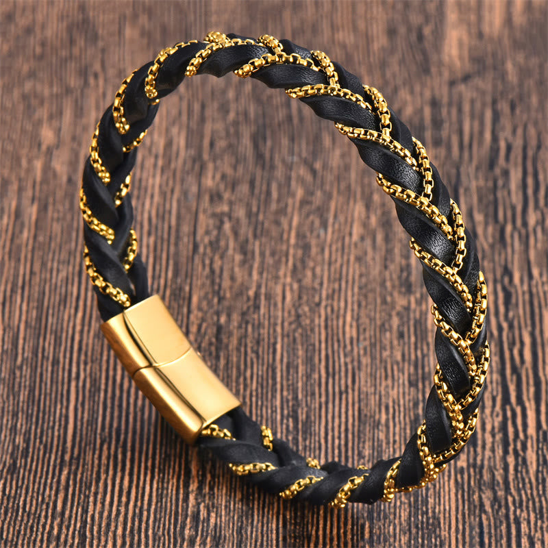 Buddha Stones Simple Design Titanium Steel Calm Braided Leather Buckle Bracelet - Gold(Wrist Circumference: 18-20cm) - image 0