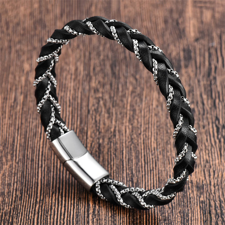 Buddha Stones Simple Design Titanium Steel Calm Braided Leather Buckle Bracelet - Silver(Wrist Circumference: 18-20cm) - image 7