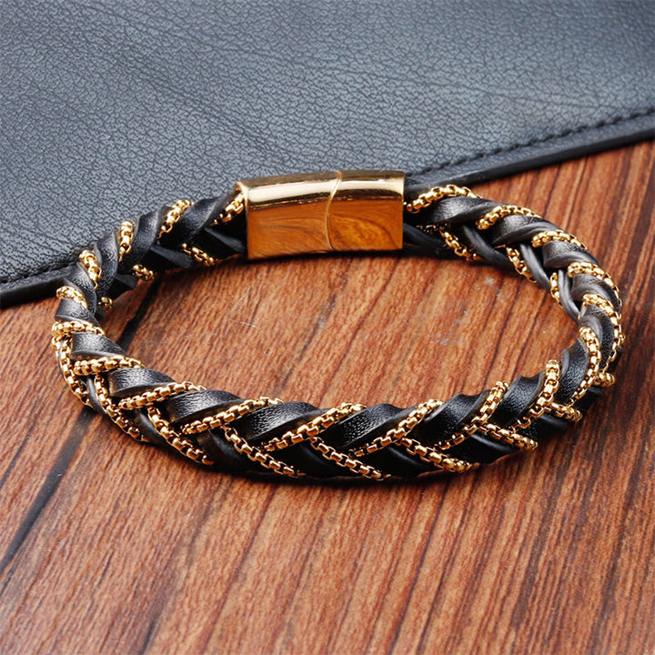 Buddha Stones Simple Design Titanium Steel Calm Braided Leather Buckle Bracelet - image 1