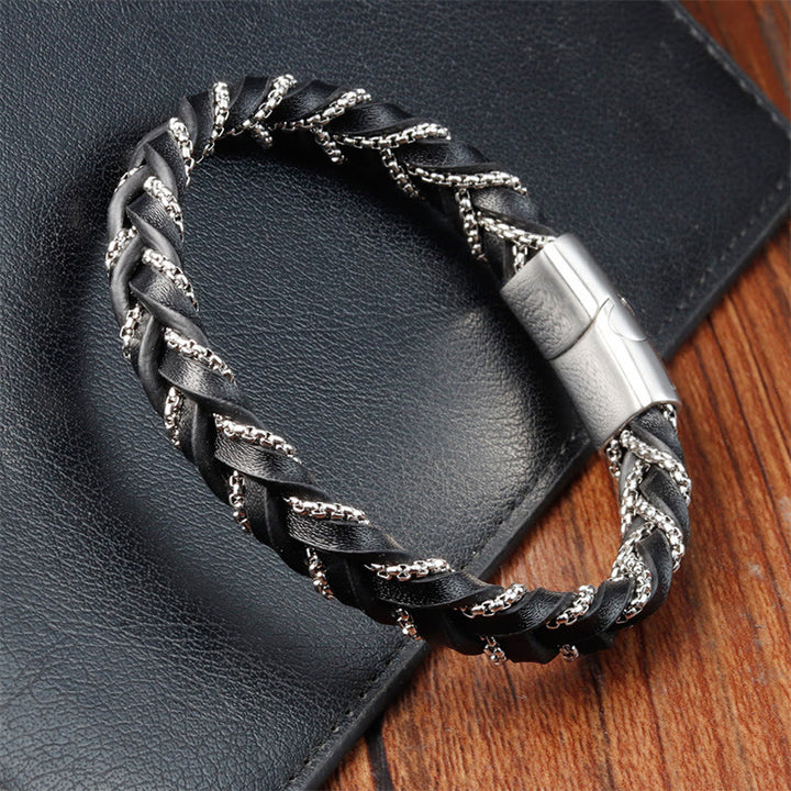 Buddha Stones Simple Design Titanium Steel Calm Braided Leather Buckle Bracelet - image 8