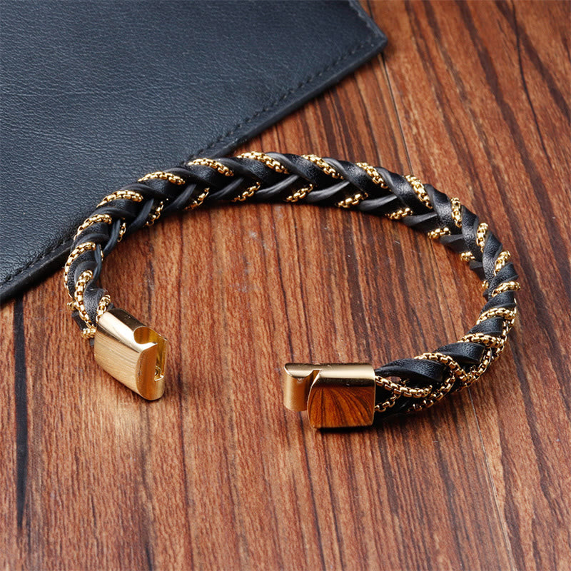 Buddha Stones Simple Design Titanium Steel Calm Braided Leather Buckle Bracelet - image 2