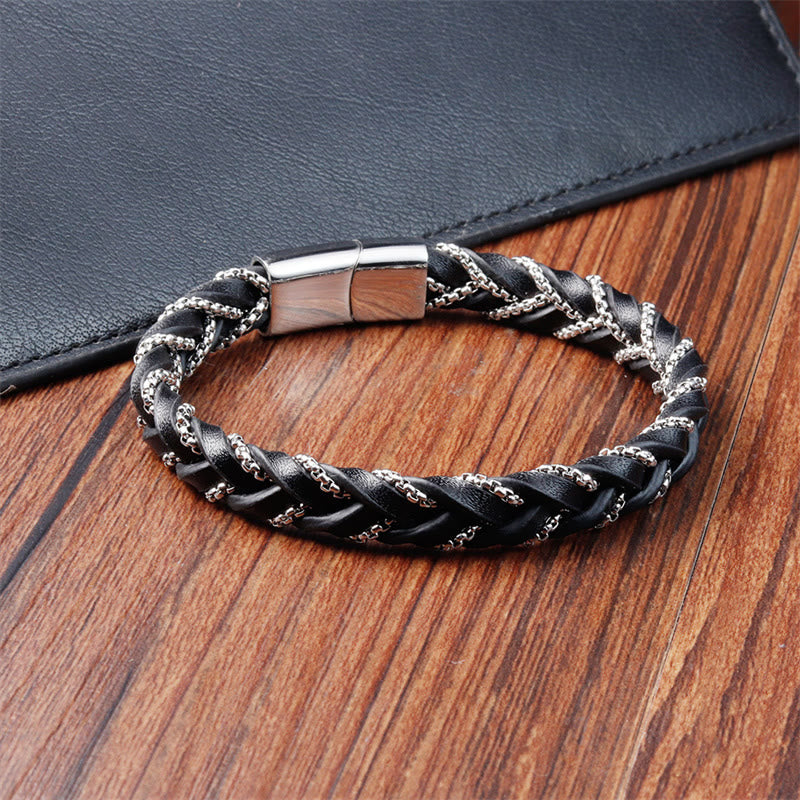 Buddha Stones Simple Design Titanium Steel Calm Braided Leather Buckle Bracelet - image 9