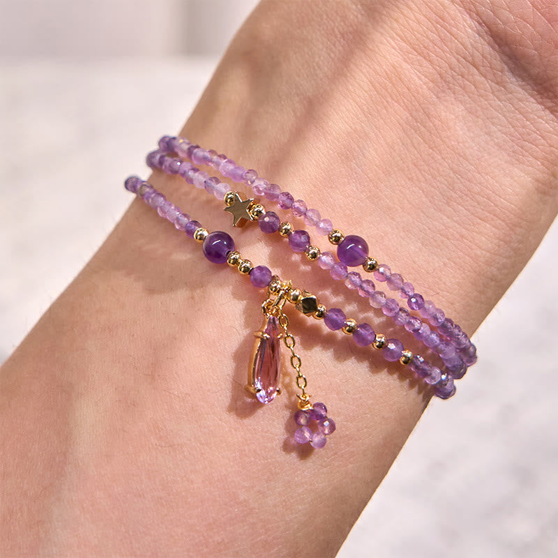 Buddha Stones Natural Amethyst Water Drop Star Meditation Triple Wrap Bracelet - image 4