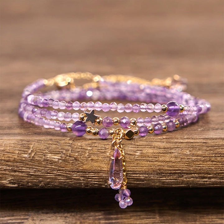 Buddha Stones Natural Amethyst Water Drop Star Meditation Triple Wrap Bracelet - image 1