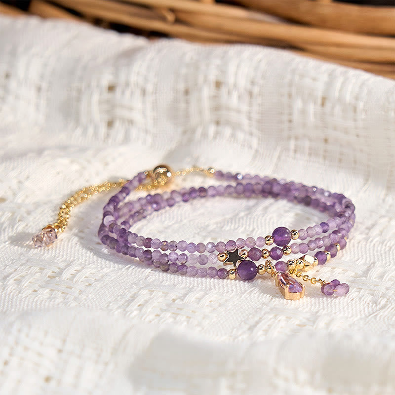 Buddha Stones Natural Amethyst Water Drop Star Meditation Triple Wrap Bracelet - image 3