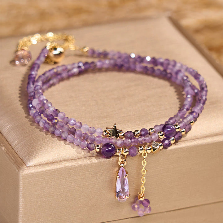 Buddha Stones Natural Amethyst Water Drop Star Meditation Triple Wrap Bracelet - Amethyst(Wrist Circumference:15-16cm) - image 0