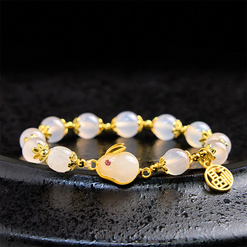 Buddha Stones Red Agate Chalcedony Rabbit Fu Character Confidence Bracelet - Chalcedony(Wrist Circumference 14-16cm) - image 7