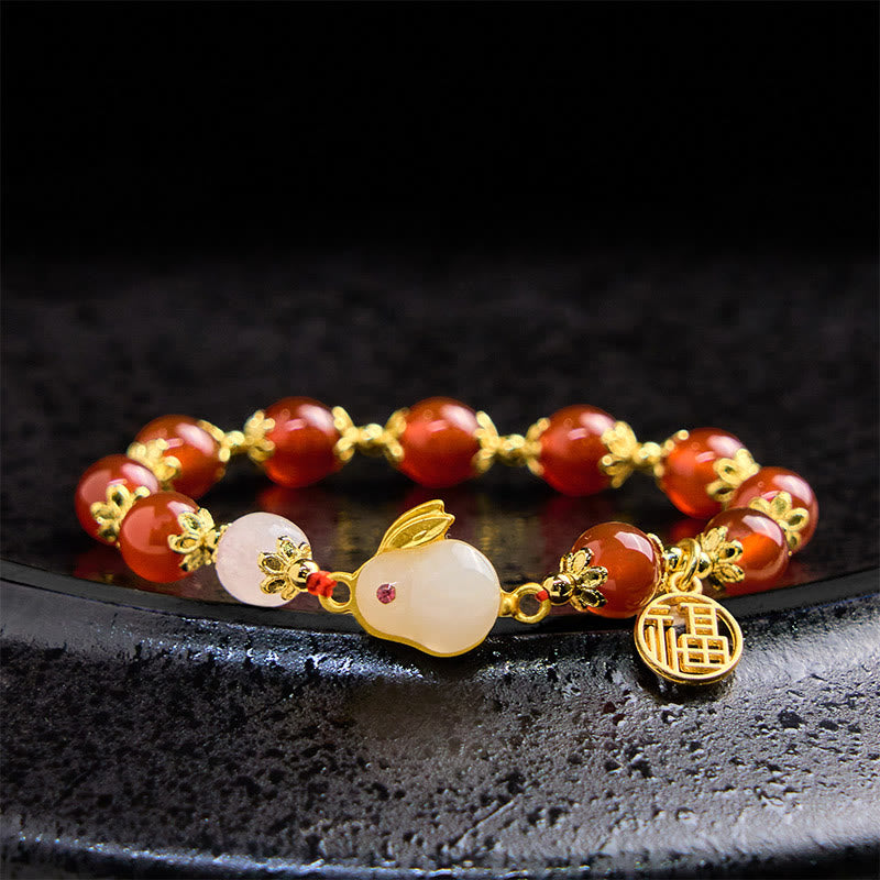 Buddha Stones Red Agate Chalcedony Rabbit Fu Character Confidence Bracelet - Red Agate(Wrist Circumference 14-16cm) - image 0