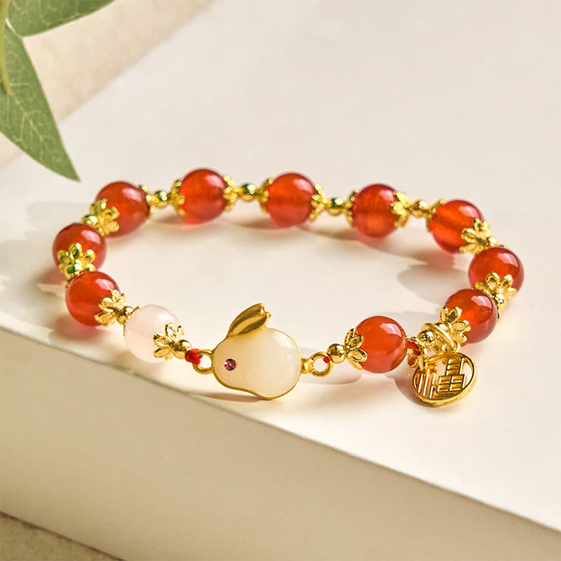 Buddha Stones Red Agate Chalcedony Rabbit Fu Character Confidence Bracelet - image 2