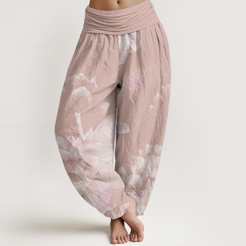 Buddha Stones Pure Cotton Pink And White Lotus Women's Elastic Waist Harem Pants - DarkSalmon - US22,UK/AU26,EU54 (6XL) - image 0
