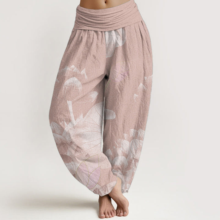 Buddha Stones Pure Cotton Pink And White Lotus Women's Elastic Waist Harem Pants - DarkSalmon - US22,UK/AU26,EU54 (6XL) - image 0