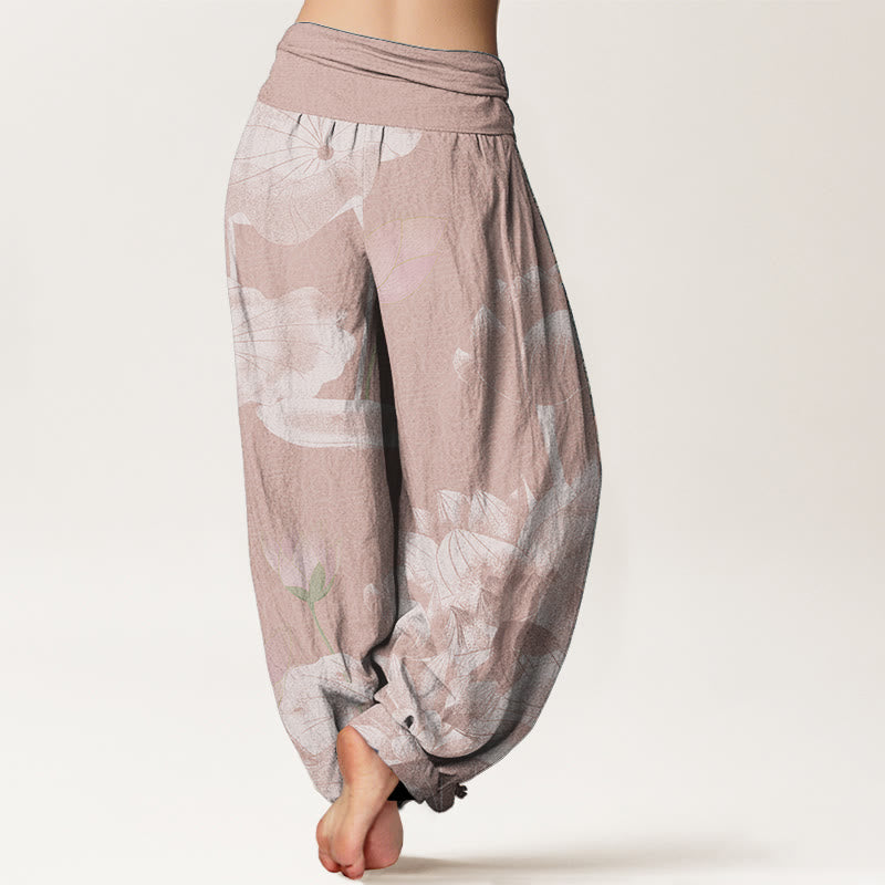 Buddha Stones Pure Cotton Pink And White Lotus Women's Elastic Waist Harem Pants - image 1