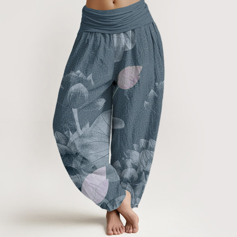Buddha Stones Pure Cotton Pink And White Lotus Women's Elastic Waist Harem Pants - SteelBlue - US22,UK/AU26,EU54 (6XL) - image 5