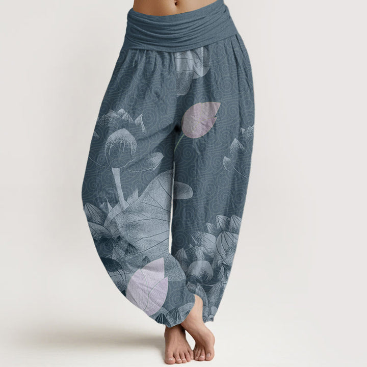 Buddha Stones Pure Cotton Pink And White Lotus Women's Elastic Waist Harem Pants - SteelBlue - US22,UK/AU26,EU54 (6XL) - image 5