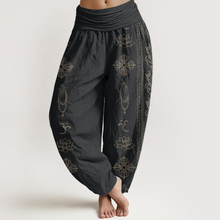 Buddha Stones Pure Cotton Lotus Flowers Double Dorje Vajra Namaste Om Design Women's Elastic Waist Harem Pants - Black - US22,UK/AU26,EU54 (6XL) - image 0