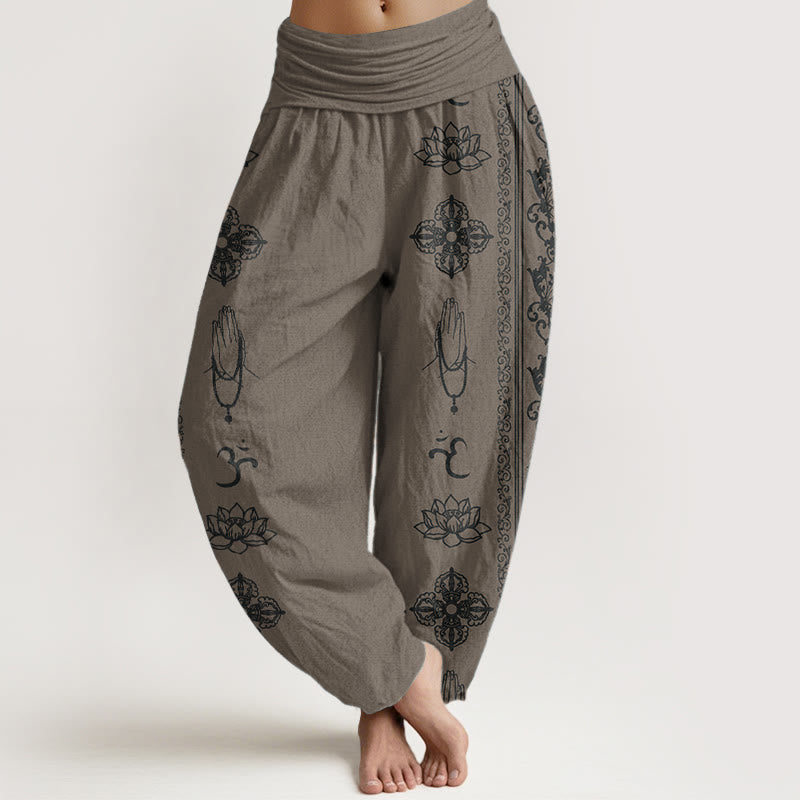 Buddha Stones Pure Cotton Lotus Flowers Double Dorje Vajra Namaste Om Design Women's Elastic Waist Harem Pants - DarkKhaki - US22,UK/AU26,EU54 (6XL) - image 8