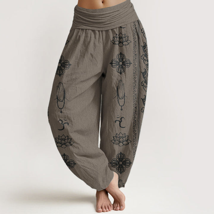 Buddha Stones Pure Cotton Lotus Flowers Double Dorje Vajra Namaste Om Design Women's Elastic Waist Harem Pants - DarkKhaki - US22,UK/AU26,EU54 (6XL) - image 8