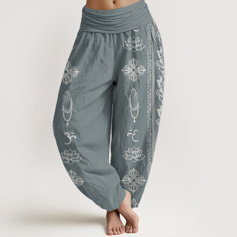 Buddha Stones Pure Cotton Lotus Flowers Double Dorje Vajra Namaste Om Design Women's Elastic Waist Harem Pants - CadetBlue - US22,UK/AU26,EU54 (6XL) - image 5