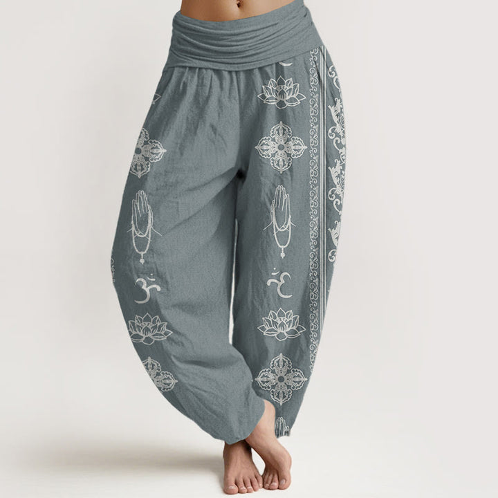 Buddha Stones Pure Cotton Lotus Flowers Double Dorje Vajra Namaste Om Design Women's Elastic Waist Harem Pants - CadetBlue - US22,UK/AU26,EU54 (6XL) - image 5