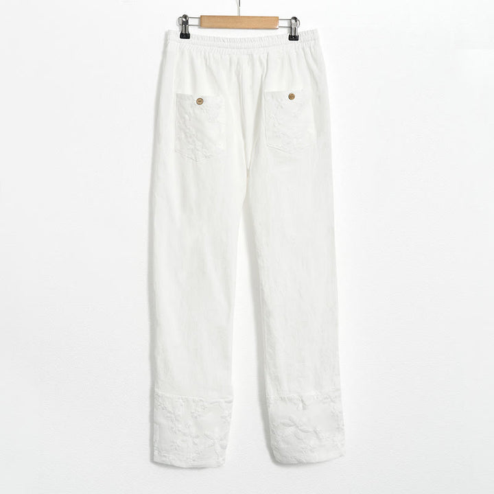 Buddha Stones White Lace Patchwork Design Women's Cotton Linen Pants With Pockets - image 7