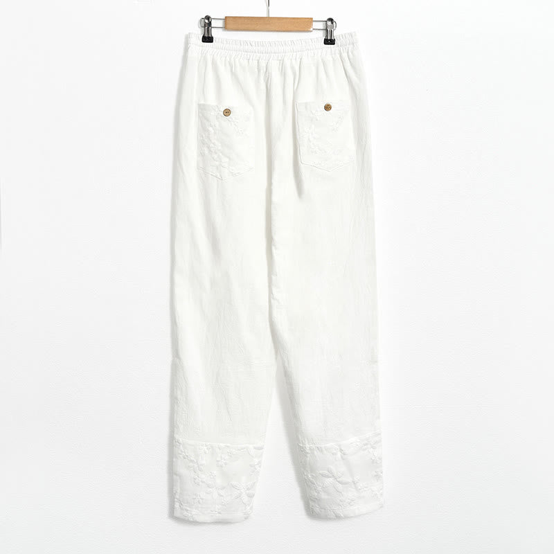 Buddha Stones White Lace Patchwork Design Women's Cotton Linen Pants With Pockets - image 6