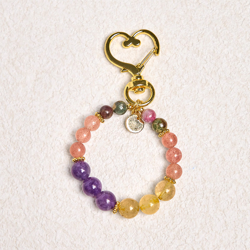 Buddha Stones Natural Strawberry Quartz Amethyst Citrine Beads Love Key Chain Hanging Decoration - image 1